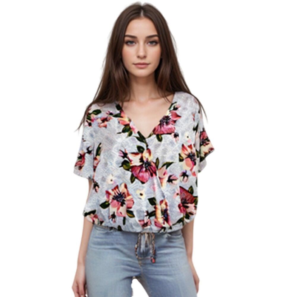 One Clothing Gray Floral Drawstring Waist Blouse Size L